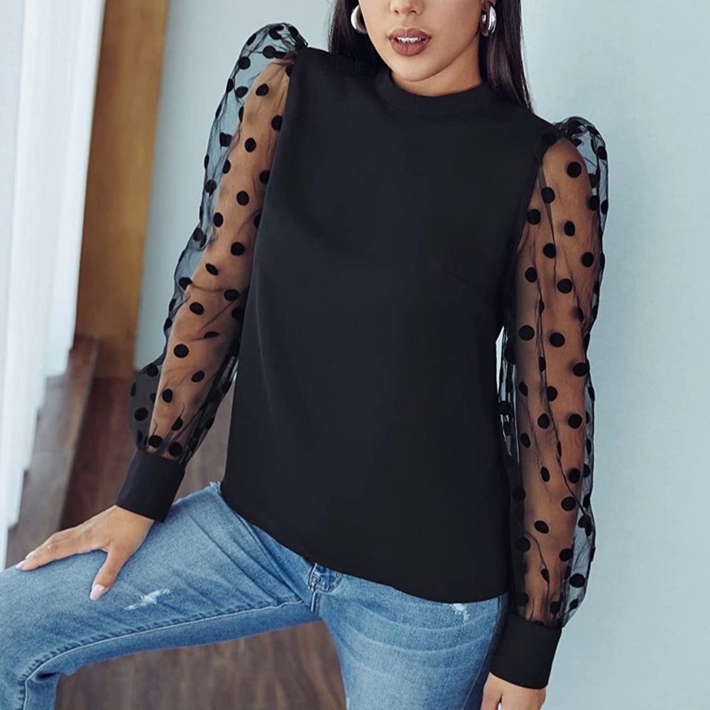 Long sleeve black blouse with sheer velvet polka dot on sleeves